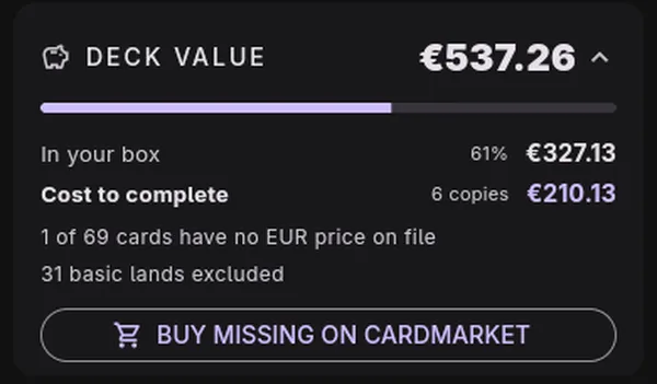The DECK VALUE panel priced in euros, with BUY MISSING ON CARDMARKET.