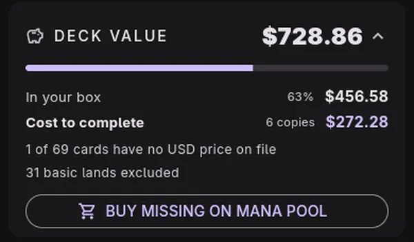 The DECK VALUE panel with BUY MISSING ON MANA POOL.