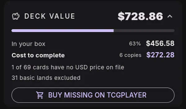 The DECK VALUE panel with BUY MISSING ON TCGPLAYER.