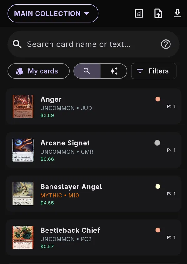 The Cards tab: the collection switcher, the search box, the My cards scope, the Keyword and Semantic toggle, and Filters, above a list of cards.