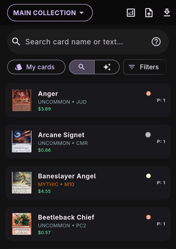 The collection screen on a phone, listing cards with their rarity, set, price, and copies owned.
