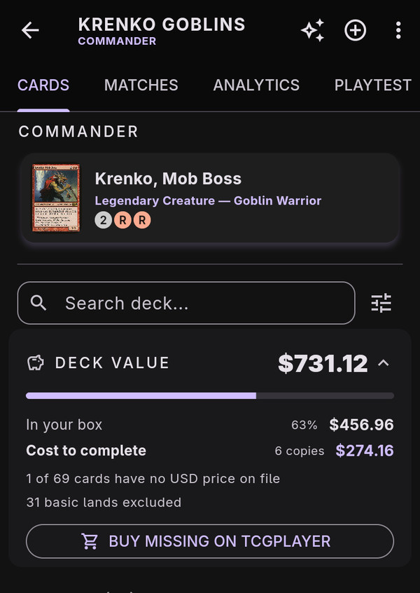 A Krenko Goblins Commander deck showing its total value, the share already owned, and the cost to complete it.