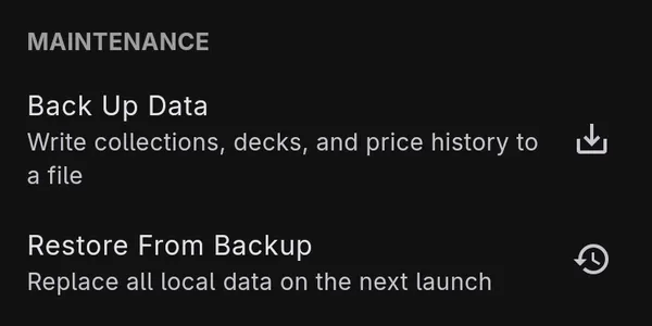 The Maintenance section of Settings, with Back Up Data and Restore From Backup.